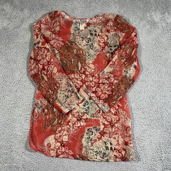 Raiment Fashions Polyester Silk Boho Red Top Blouse M Sheer Women Embroidered - Picture 3 of 6